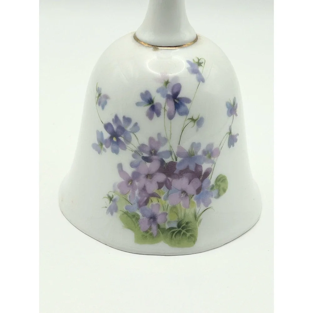 Vintage Porcelain Dinner Bell Purple Violets Floral Gold Trim Ceramic 4.75